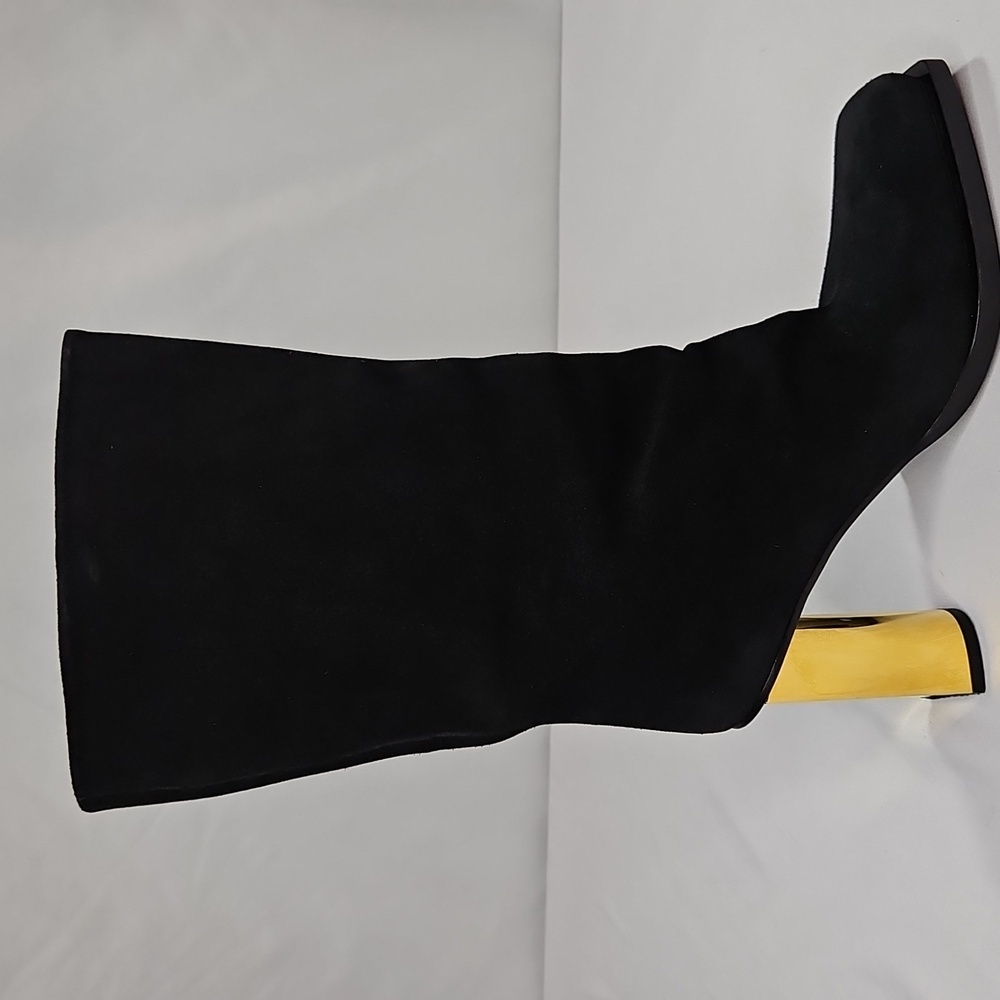 Proenza Schouler Sucal Wrinkle Square Toe Suede Black Boots Wt Gold Heels Sz 9.5